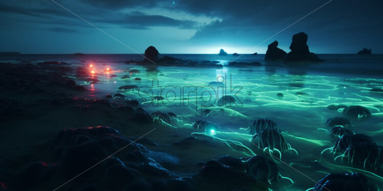 Bioluminescent plankton on a beach at night - Starpik Stock