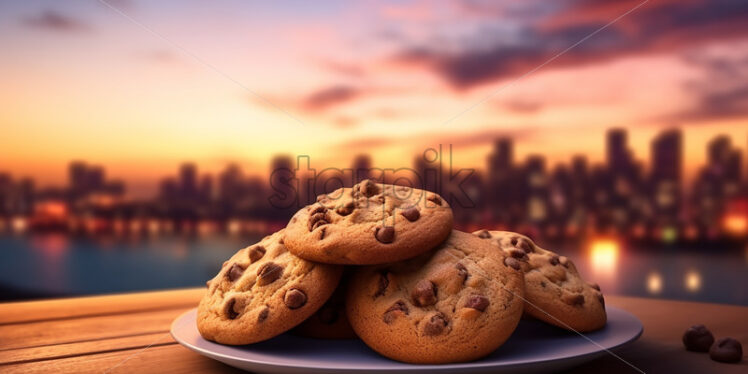 Biscuits on a plate against the background of a city - Starpik Stock