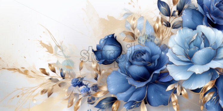 Blue rose and gold bouquet card watercolour beauty - Starpik Stock