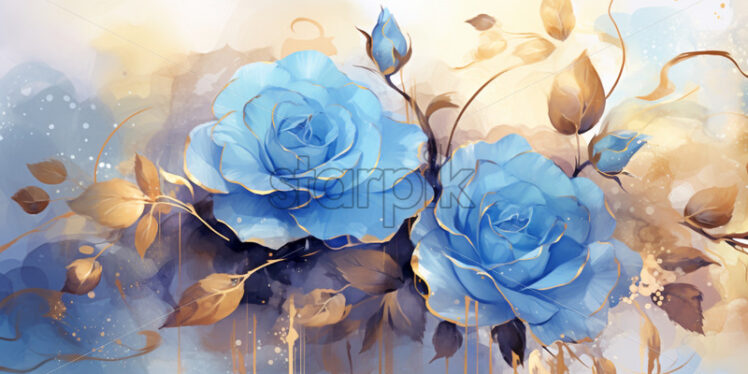 Blue rose and gold bouquet card watercolour beauty - Starpik Stock