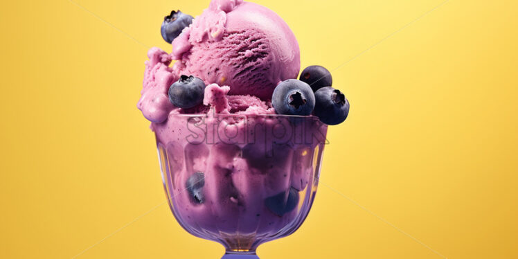 Blueberry ice cream in a glass cup on a blue background - Starpik Stock