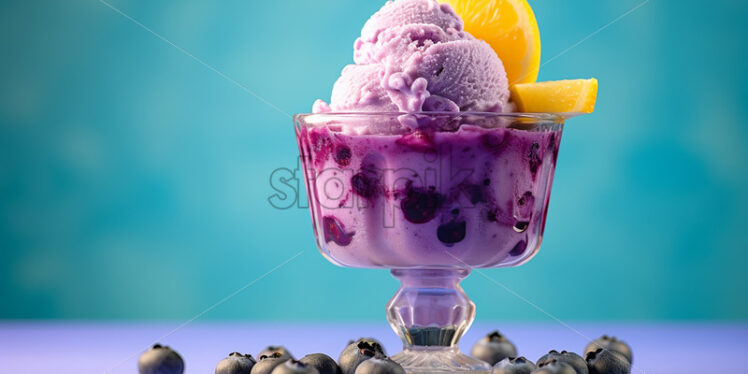 Blueberry ice cream in a glass cup on a blue background - Starpik Stock