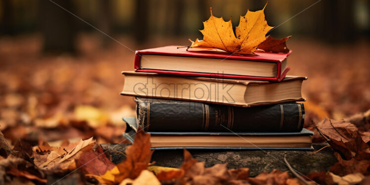 Books placed on leaves in the autumn forest - Starpik Stock