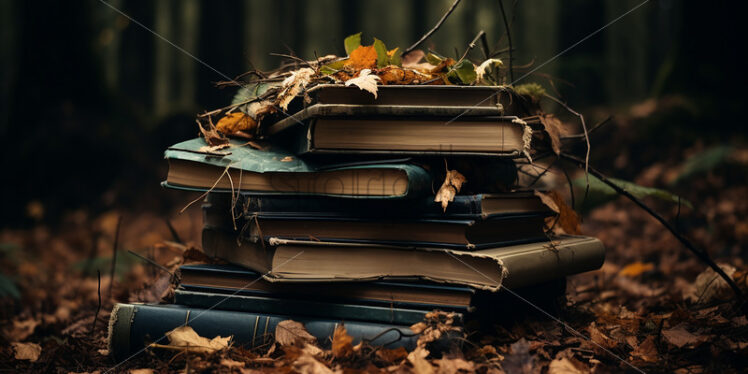 Books placed on leaves in the autumn forest - Starpik Stock