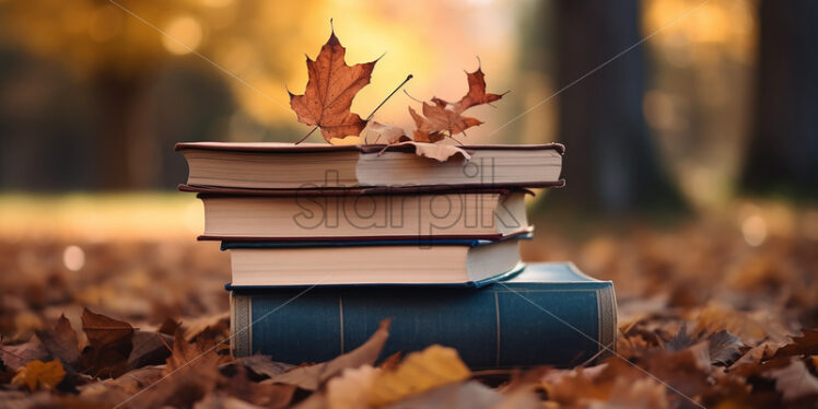 Books placed on leaves in the autumn forest - Starpik Stock