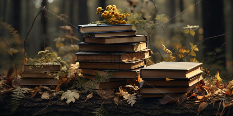 Books placed on leaves in the autumn forest - Starpik Stock