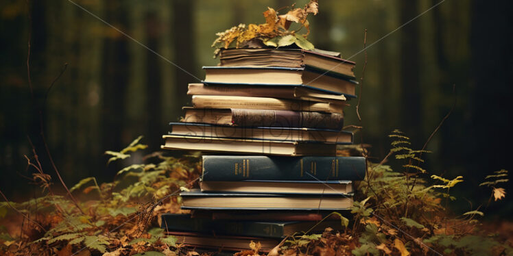 Books placed on leaves in the autumn forest - Starpik Stock