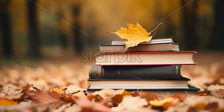 Books placed on leaves in the autumn forest - Starpik Stock