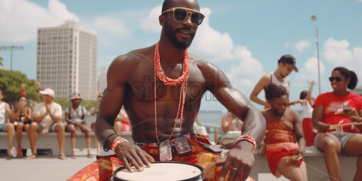 Brazilian Man wearing tradtional outfit performing Samba Drumming in the seaside of Brazil - Starpik Stock