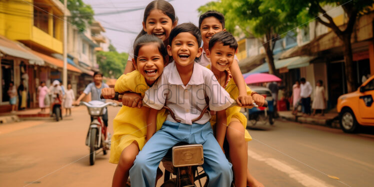 Cambodian children enjoying their playtime while riding a bicycle in a street - Starpik Stock