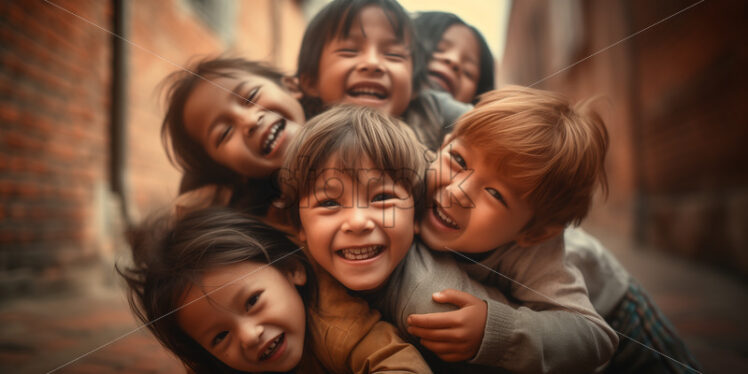 Cambodian children laughing and enjoying their group hug in the street of cambodia while playing - Starpik Stock