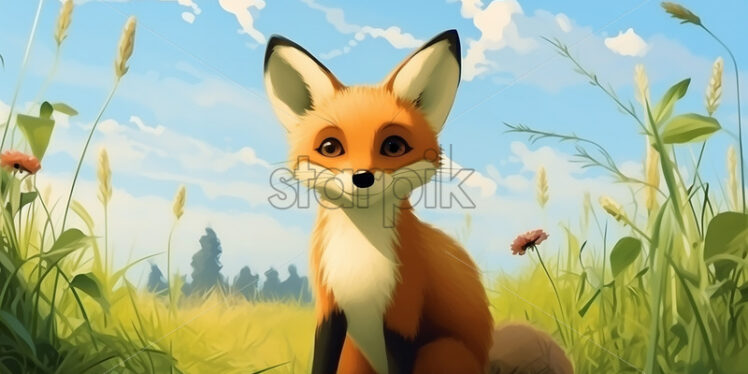 Cartoon style illustration of a little fox on a plain - Starpik Stock