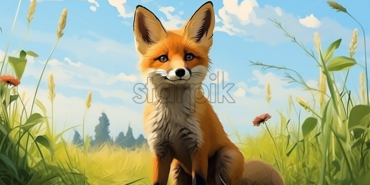 Cartoon style illustration of a little fox on a plain - Starpik Stock