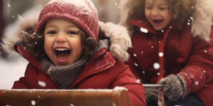 Children riding a sleigh having fun outdoors during winter season - Starpik