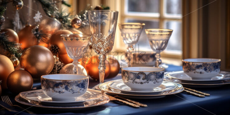 Christmas table setting during Winter time holidays. blues colors - Starpik Stock