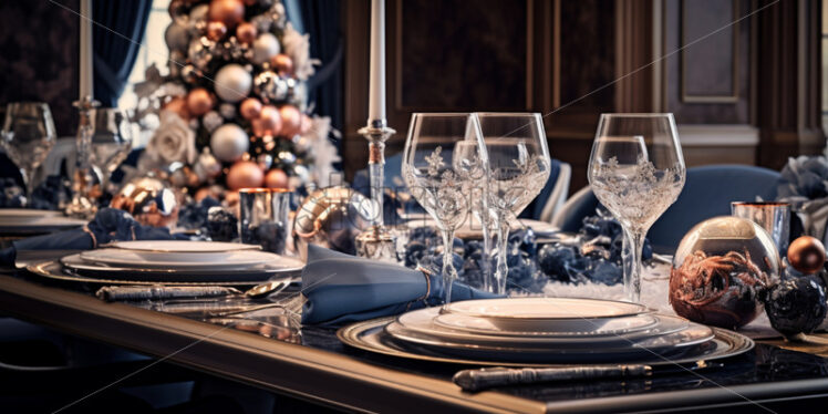 Christmas table setting during Winter time holidays. blues colors - Starpik Stock