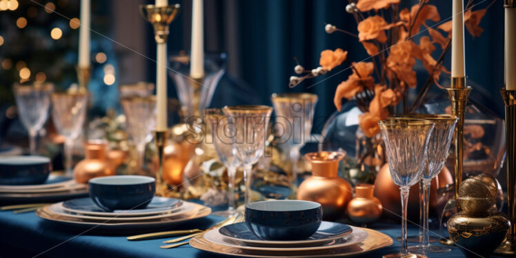 Christmas table setting during Winter time holidays. blues colors - Starpik Stock