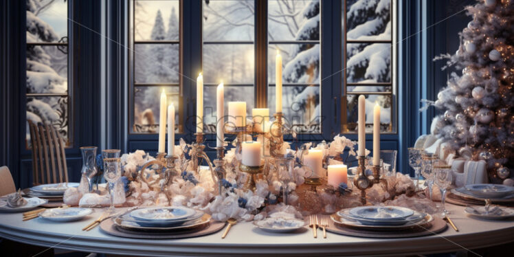 Christmas table setting during Winter time holidays. blues colors - Starpik Stock