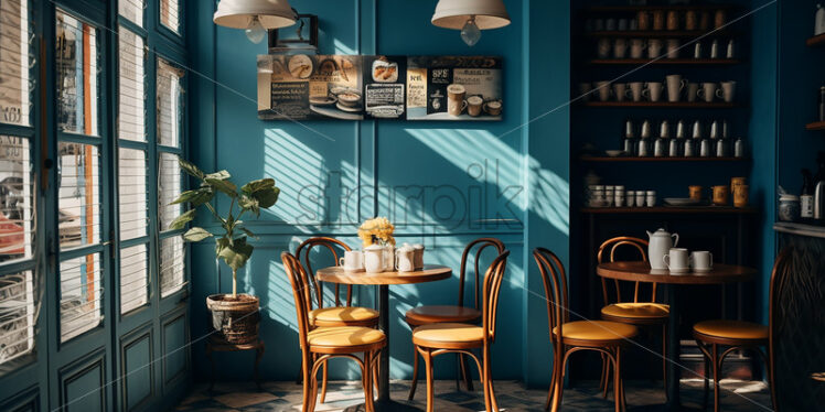 Classy Cafe architecture in the city in a blue wall and wooden chair in a bright ambience and neat theme - Starpik Stock