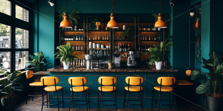 Classy Cafe architecture in the city in a blue, wooden chair in a red and beige theme - Starpik Stock