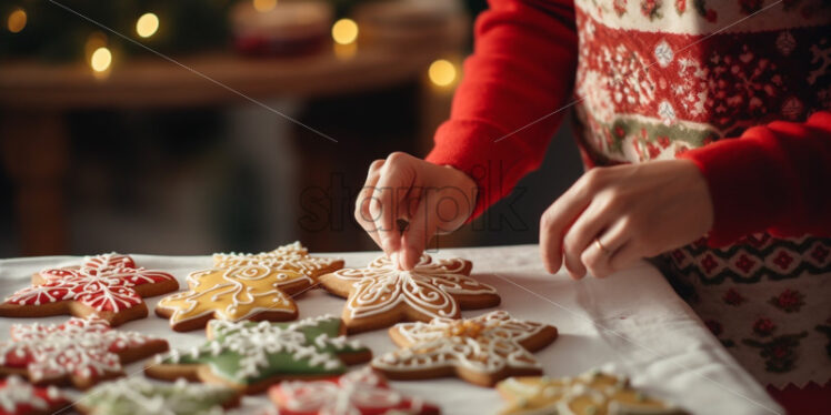 Close up woman hands preparing Christmas cookies on a tray - Starpik Stock