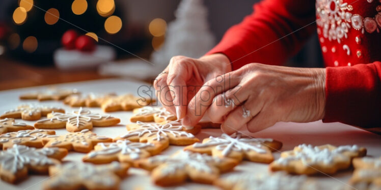 Close up woman hands preparing Christmas cookies on a tray - Starpik Stock