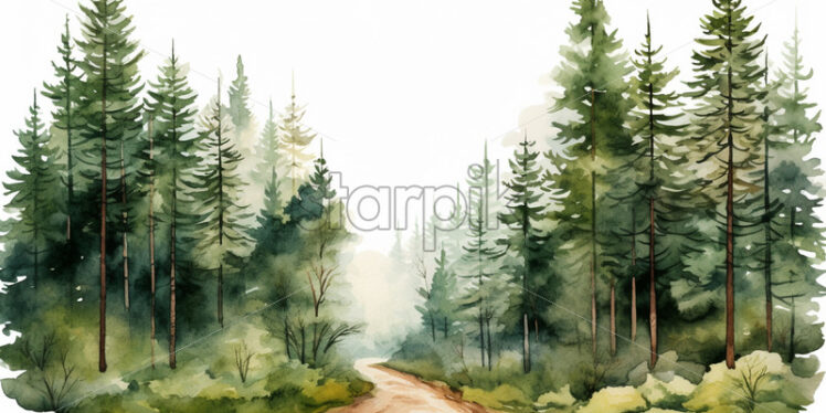 Conifer forest with a path in watercolor clipart style - Starpik Stock