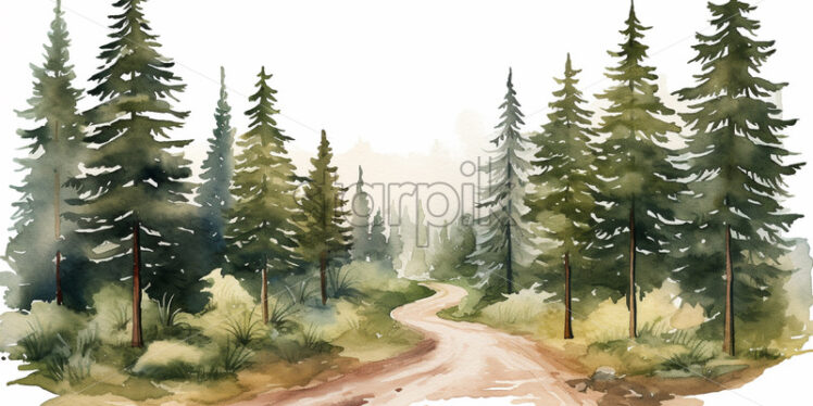 Conifer forest with a path in watercolor clipart style - Starpik Stock