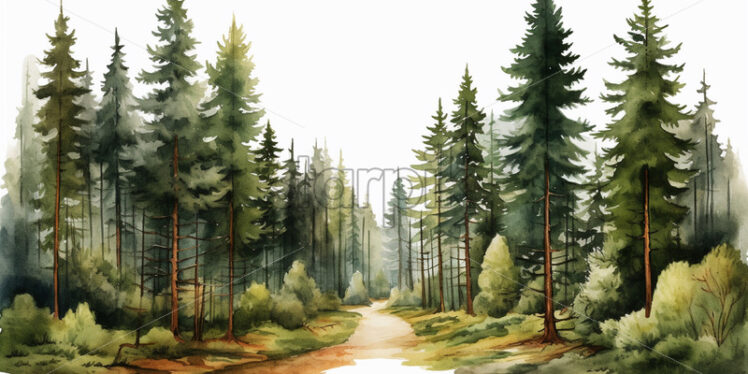 Conifer forest with a path in watercolor clipart style - Starpik Stock