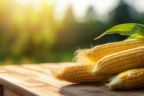 Corn on a wooden surface and a corn plantation in the background - Starpik Stock