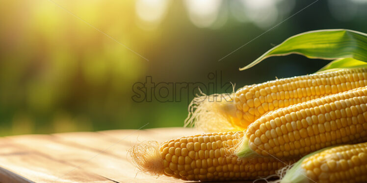 Corn on a wooden surface and a corn plantation in the background - Starpik Stock