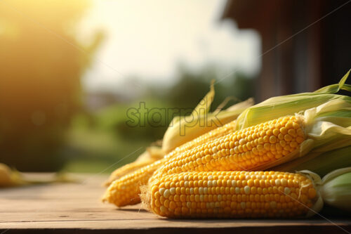 Corn on a wooden surface and a corn plantation in the background - Starpik Stock