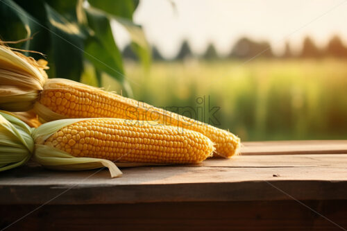 Corn on a wooden surface and a corn plantation in the background - Starpik Stock