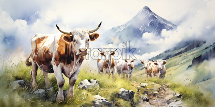 Cows on mountainous terrain watercolor painting - Starpik Stock