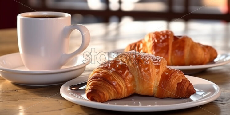 Croissant and black coffee at the coffee shop during lunch break - Starpik Stock