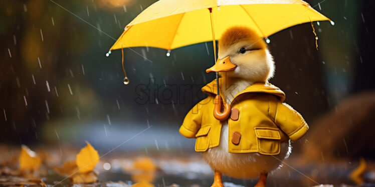 Cute yellow duck under the rain holding an umbrella - Starpik