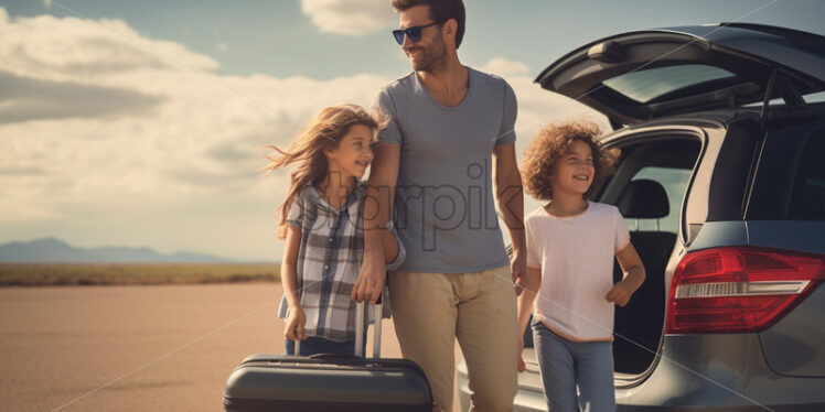 Dad and daughters traveling together by car - Starpik Stock