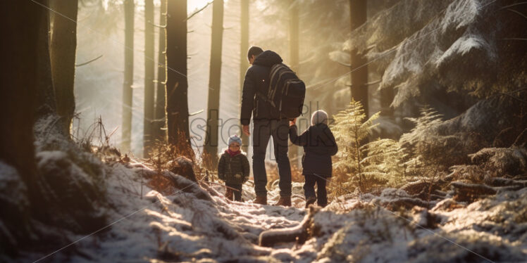 Dad and kids winter time, spending time together o - Starpik Stock