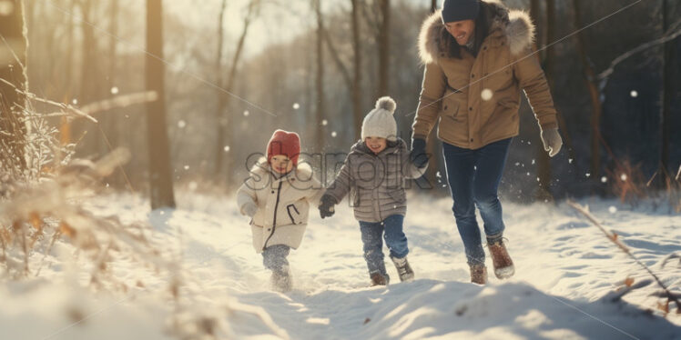 Dad and kids winter time, spending time together outdoors, walking in a forest - Starpik Stock