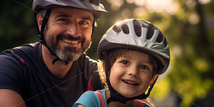 Dad teaching his son to ride a bicycle, spending time together - Starpik Stock