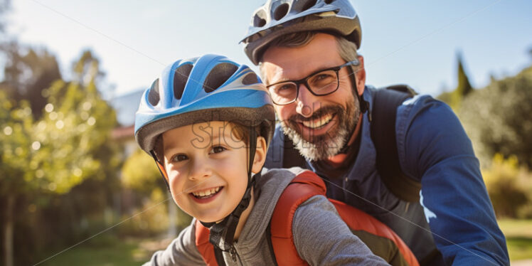 Dad teaching his son to ride a bicycle, spending time together - Starpik Stock