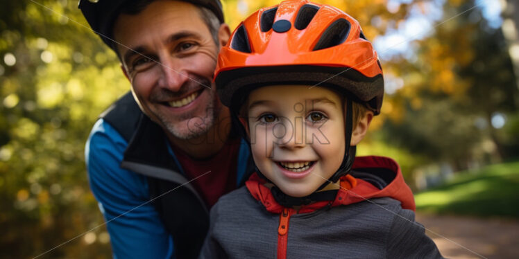 Dad teaching his son to ride a bicycle, spending time together - Starpik Stock