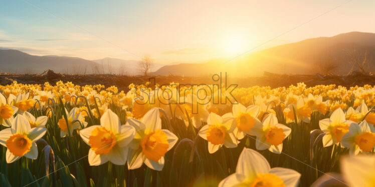 Daffodil field in golden sunlight - Starpik Stock