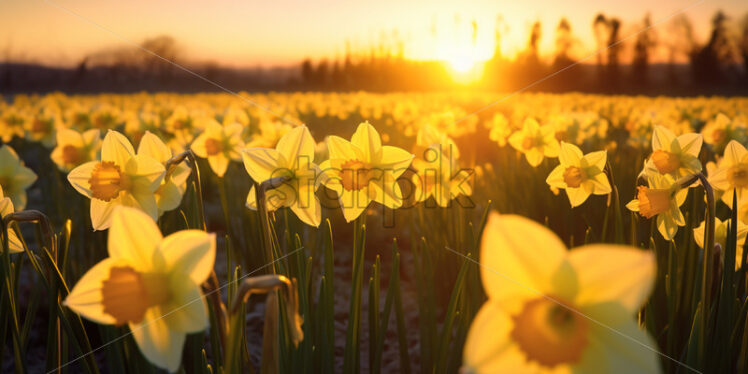 Daffodil field in golden sunlight - Starpik Stock