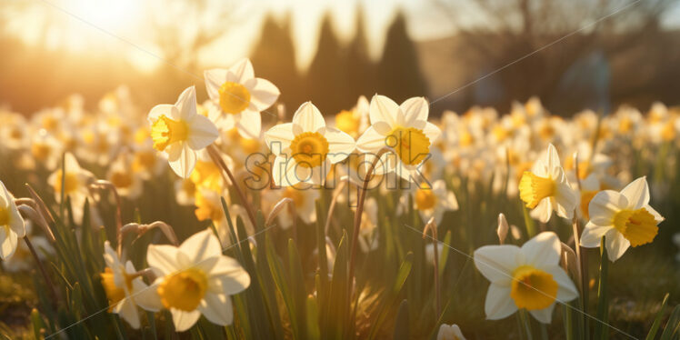 Daffodil field in golden sunlight - Starpik Stock