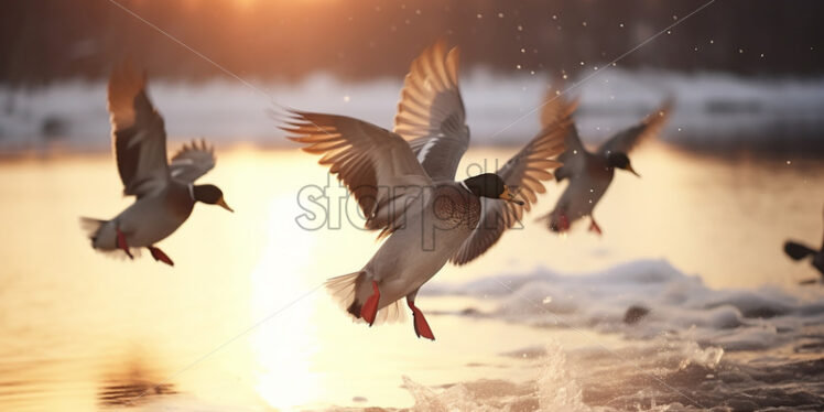 Ducks taking off from a lake - Starpik Stock