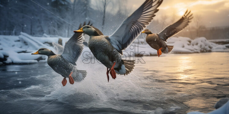 Ducks taking off from a lake - Starpik Stock