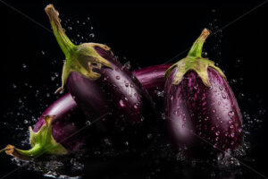 Eggplants with splashes of water on them on a black background - Starpik