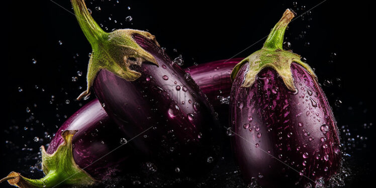 Eggplants with splashes of water on them on a black background - Starpik