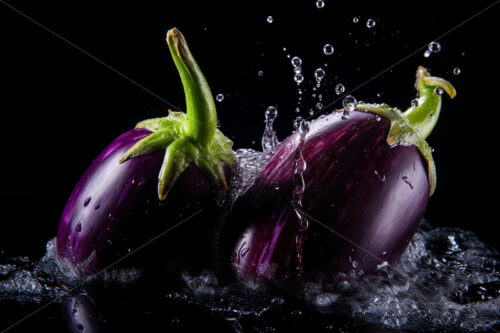 Eggplants with splashes of water on them on a black background - Starpik